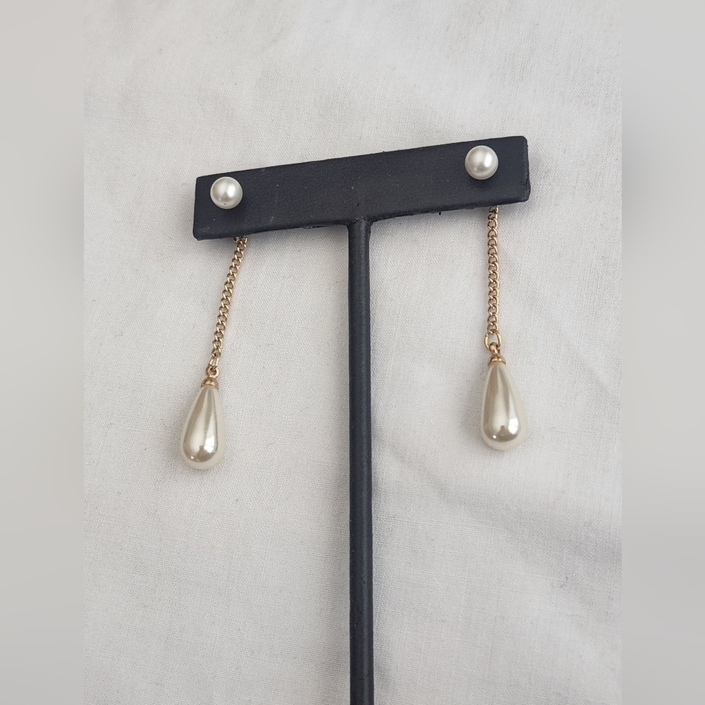 14K Gold Clad Faux Teardrop Pearl Chain Drop Dangle Earrings